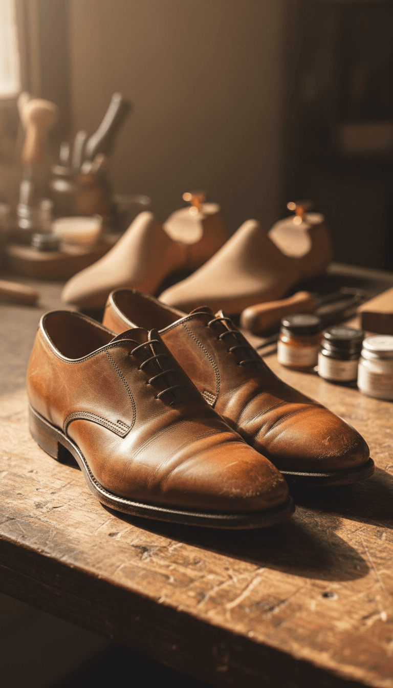 Before: Scuffed leather dress shoes with visible wear