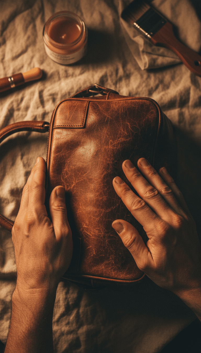 Before and after leather handbag restoration showing renewed color and texture