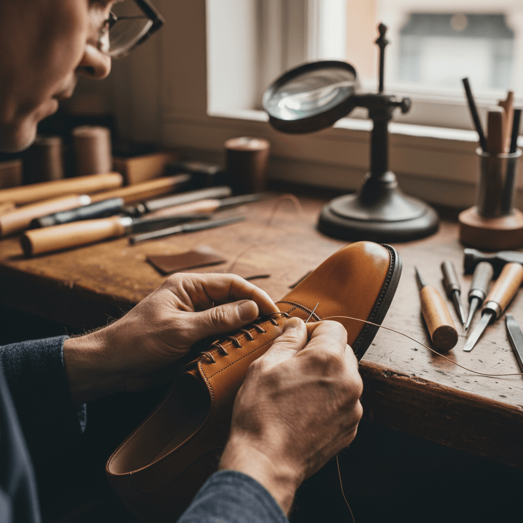 Cobbler replacing shoe sole with precision